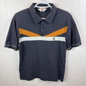 Penguin Polo Shirt Slim Fit Men's M Retro Vibe Grey Gold Stripe Logo Preppy Golf